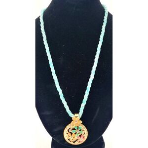 NOLAN MILLER GOLD TONE ENAMEL FLOWER RHINESTONE PENDANT BLUE NECKLACE SIGNED 16"